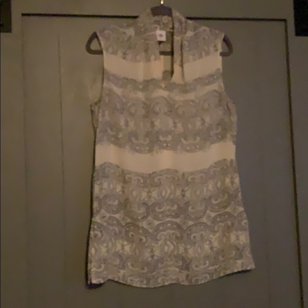 CABI Size M Sheer Ivory Tank with Black Pattern